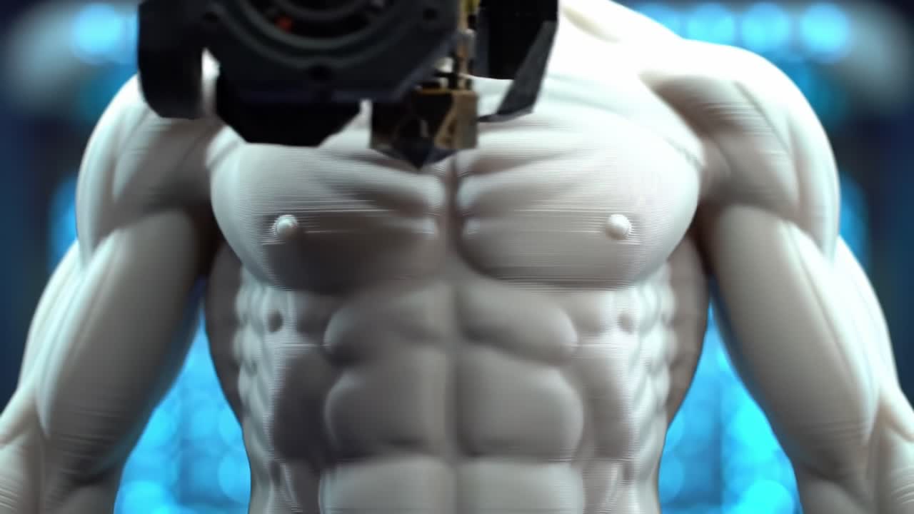A Detailed Overview of a 3D Printed Male Torso Featuring Well-Defined Musculature and an Advanced Printing System in a High-Tech Environment