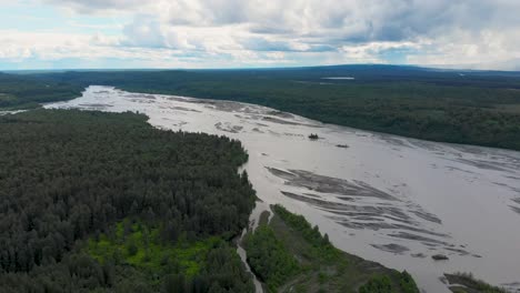 4k drone video of chulitna river and boreal forest near denali state park in alaska