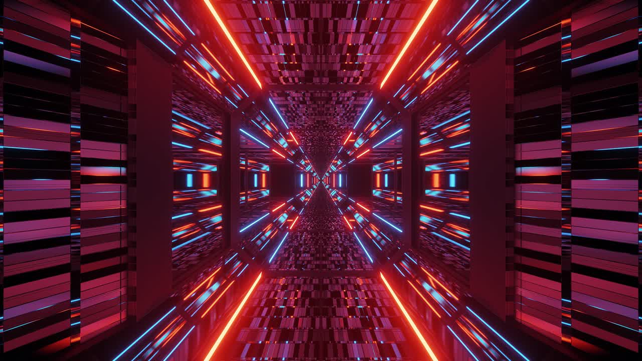 viaje espacial en túnel de caleidoscopio de haces de luz con reflejos, gráfico 3d