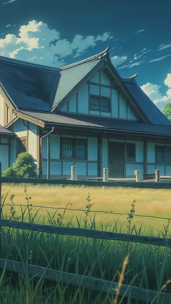 Vertical video: Tilting camera passing grass and fence, revealing farmhouse in field under clouds