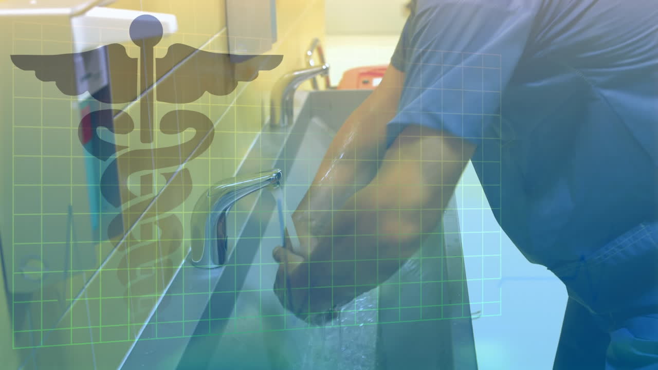 스크럽과 마스크를 입은 남자가 싱크대에서 손을  ⁇ 는 애니메이션