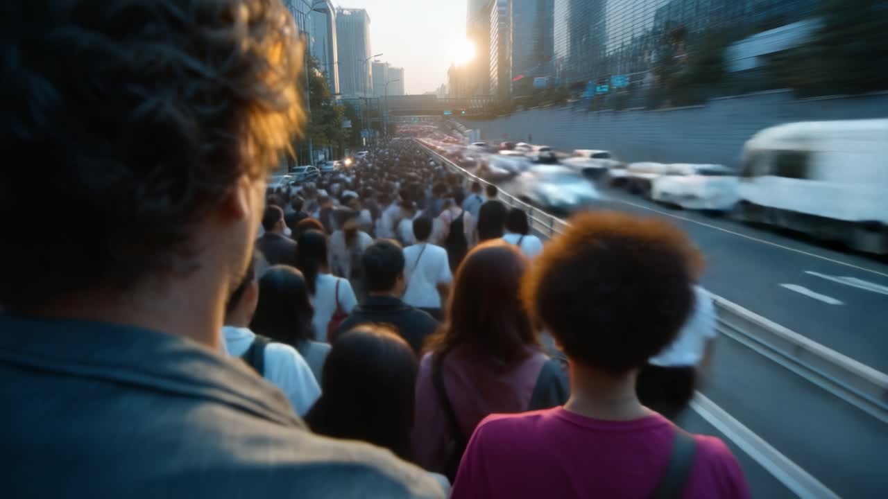 Uma cena urbana movimentada mostrando uma grande multidão navegando por uma rua agitada enquanto luzes vibrantes da cidade e um pôr do sol pintam o cenário em cores deslumbrantes