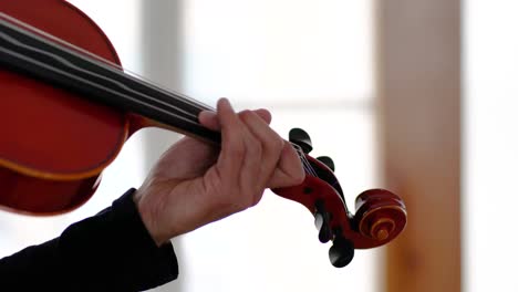 cerca de las manos del músico étnico tocando notas en el cuello de una viola roja