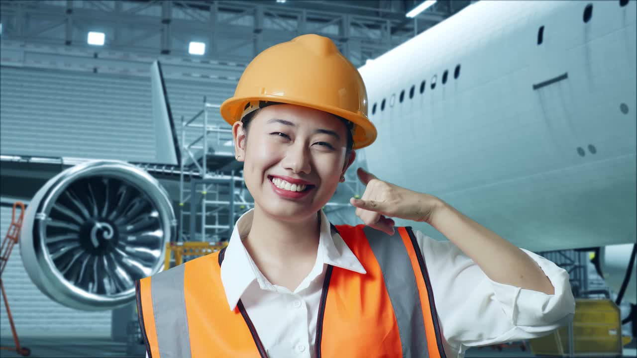 여자 엔지니어가 비행기 거에서 전화 통화를 하고 있습니다.
