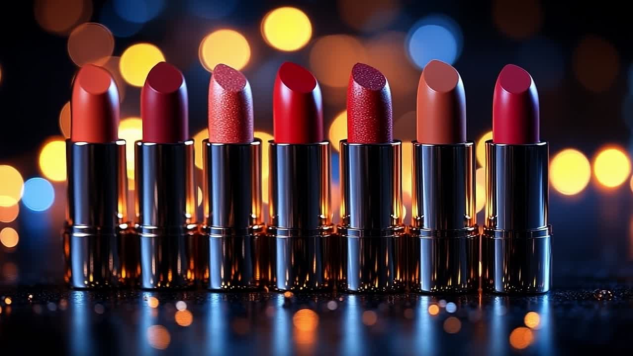 Vibrant lipstick on sparkly bg. Various lipstick shades arranged neatly against a blurred, shimmering backdrop, showcasing vivid colors and textures.