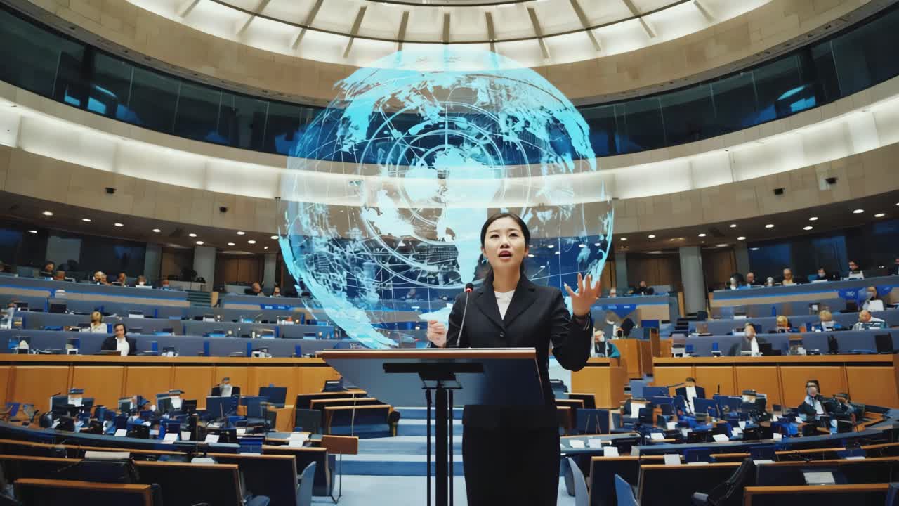 Woman Giving a Speech at a Global Conference with a Digital Globe