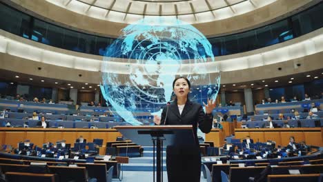 woman giving a speech at a global conference with a digital globe