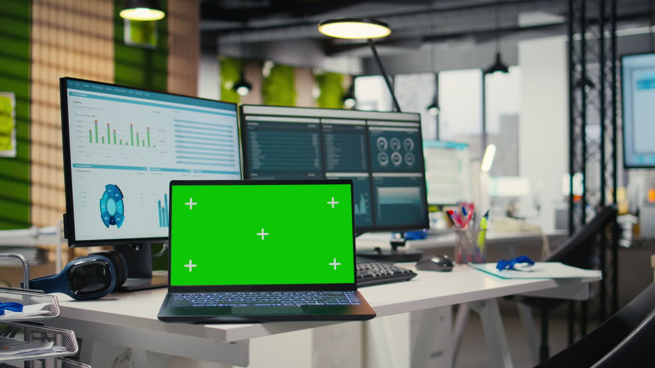 Empty company office features digital resources and mockup on laptop