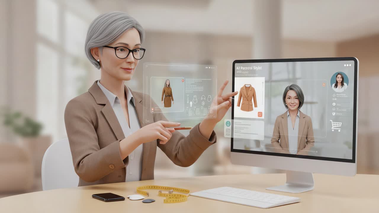 Engaging with Virtual Fashion: A Stylish Woman Interacts with an Advanced Digital Interface for Personalized Apparel Recommendations and Fittings