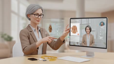 engaging with virtual fashion: a stylish woman interacts with an advanced digital interface for personalized apparel recommendations and fittings