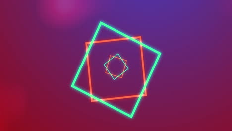 blue and red neon squares moving over purple and red bokeh light