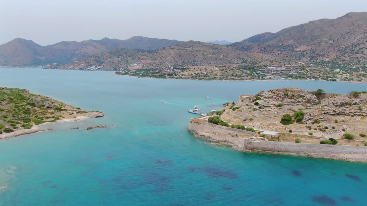 Aerial flying over Spinalonga, a famous destination on the island of Crete, Greece
