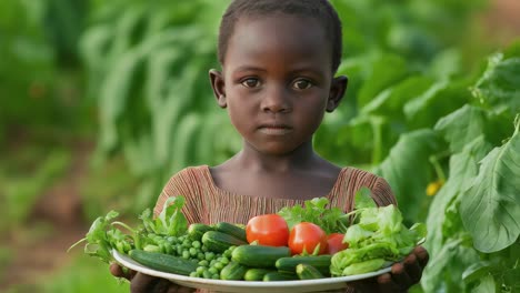 young girl, possibly a farmer, stands in a vibrant garden, proudly presenting a plate overflowing with freshly harvested vegetables, including ripe tomatoes, crisp cucumbers, and verdant lettuce