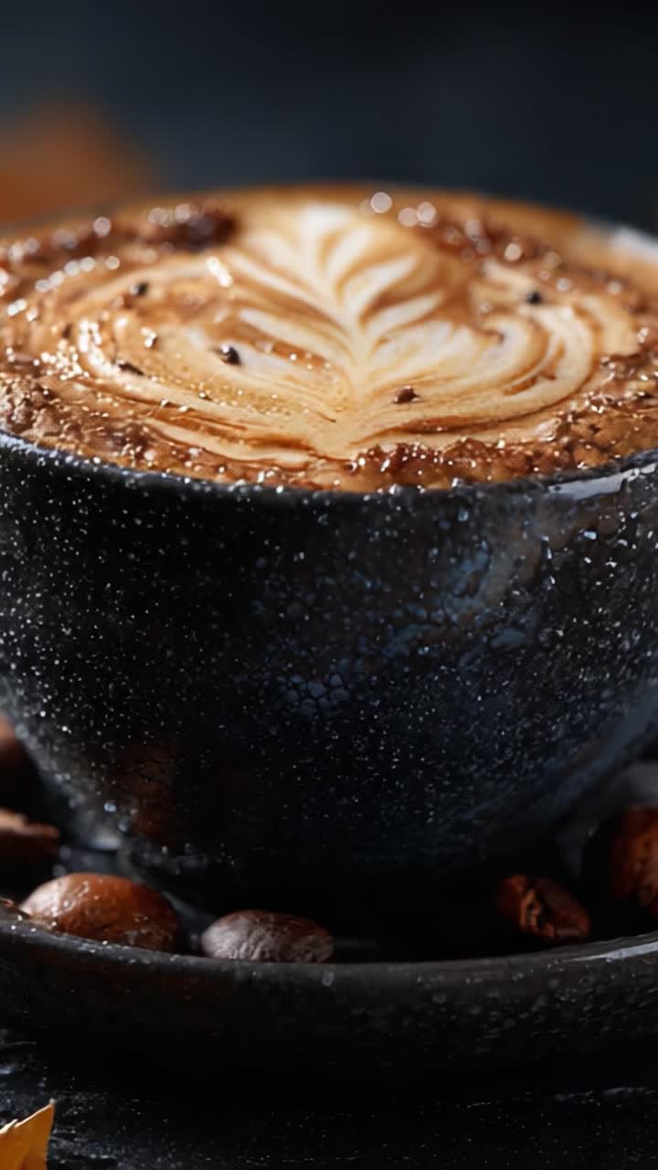 Luksuriøst nærbillede af en smukt udformet latte med indviklet latte art, omgivet af kaffebønner, der skaber en varm og indbydende atmosfære