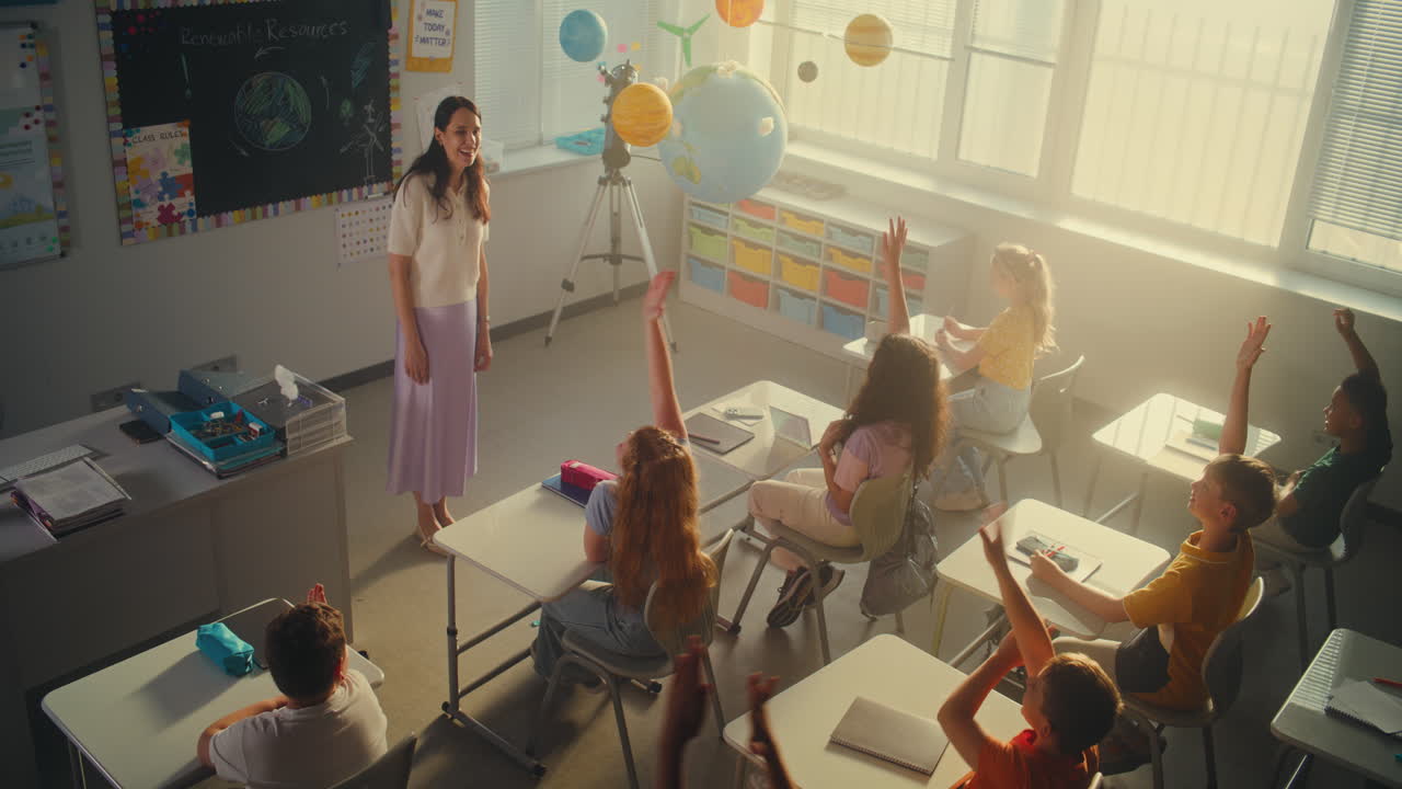 STEM Class Diverse Kids Raising Hands to Give Answer Smart Girl Going to Board and Presenting