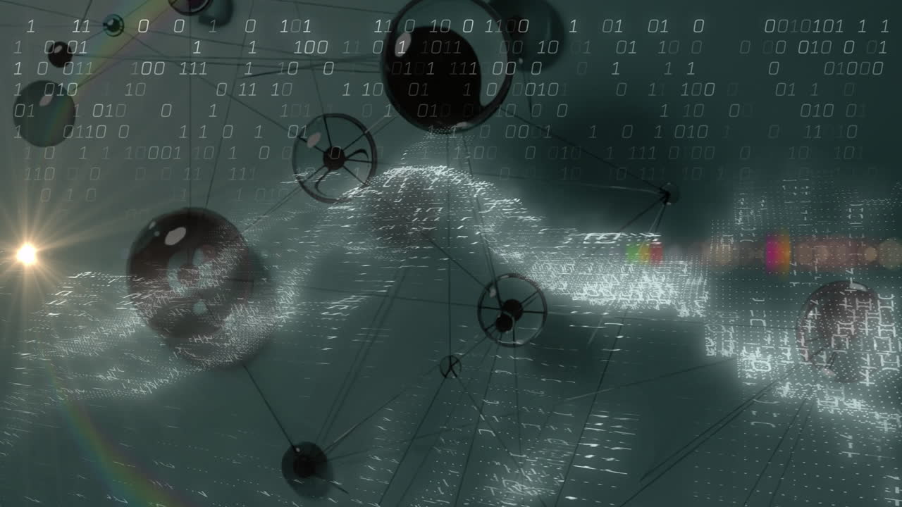 Animation of digital network with binary code on abstract landscape with spheres