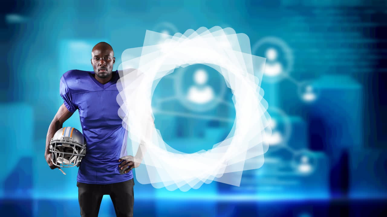 Animation of white shapes moving over male american football player holding helmet