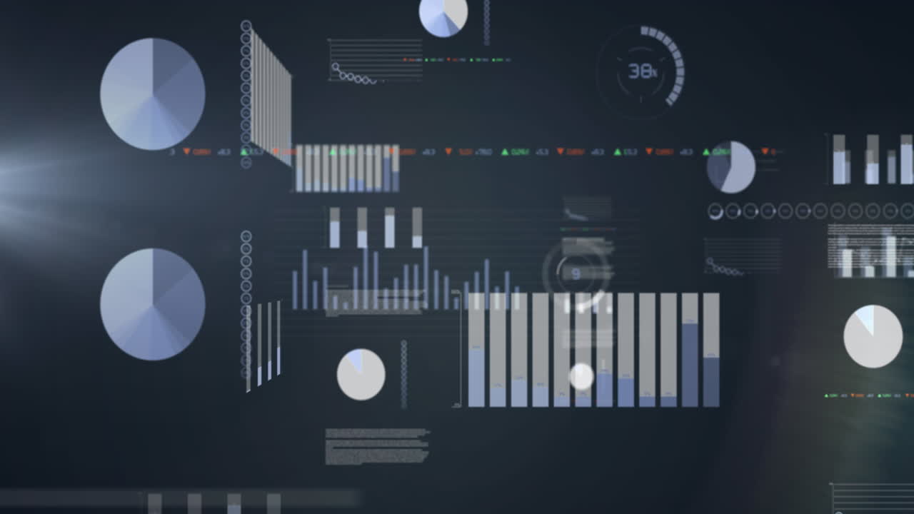 animación de múltiples gráficos, círculos de carga, cambio de número contra un fondo abstracto