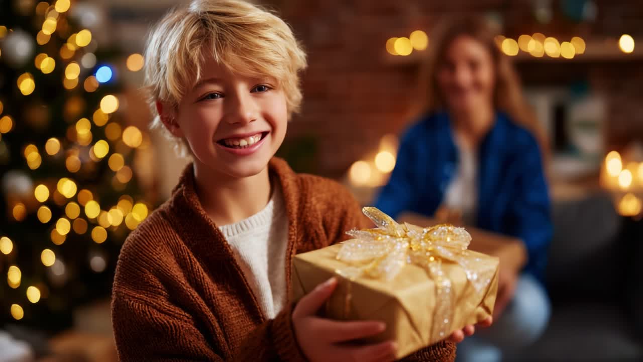 Joyful Child with Gift During Festive Celebration, Capturing the Magic of Giving and Family Togetherness Amidst a Cozy Holiday Atmosphere and Twinkling Lights