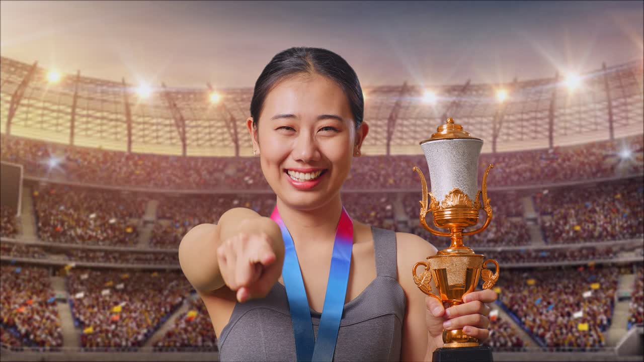 Woman Winning a Trophy in Stadium