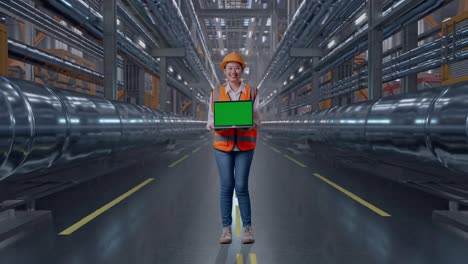 full body of asian female engineer with safety helmet smiling and showing green screen laptop to the camera with metal pipes