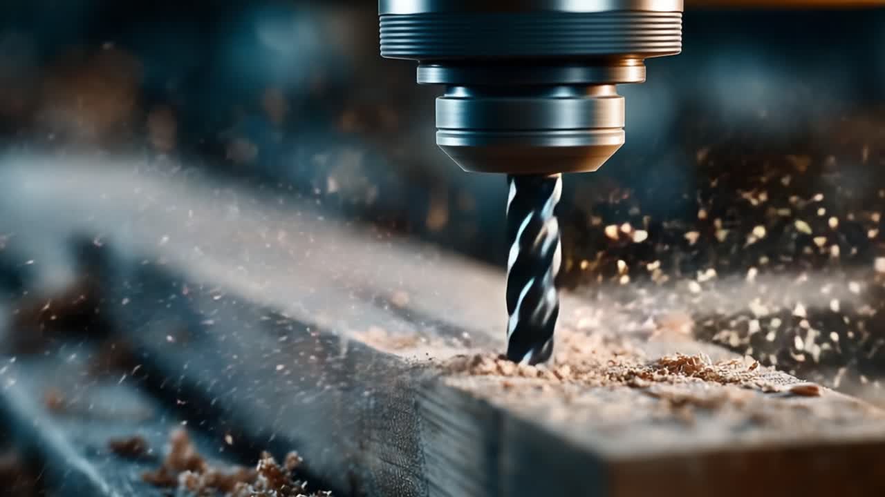 Un Primo Piano ad Alta Definizione di una Potente Punta da Trapano che Lavora il Legno, Catturando l'Intensità dell'Artigianato di Precisione e l'Eruzione di Trucioli di Legno