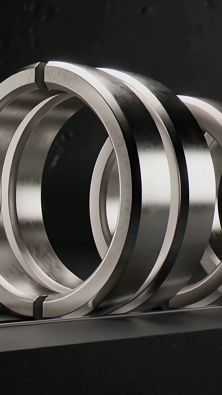 Vertical video: Rotating metal rings sliding on matte-black base, camera pan revealing inner rings