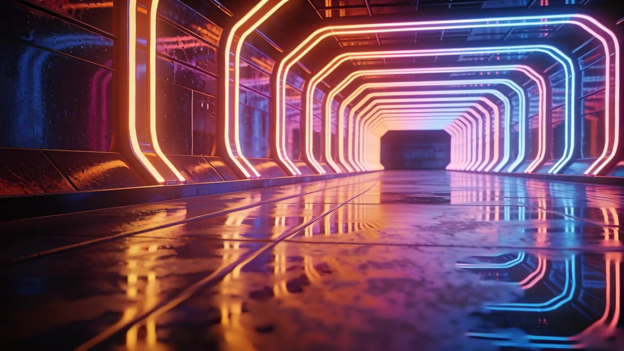 Telecamera a bassa angolazione che avanza attraverso un corridoio di archi al neon, rivelando la lucentezza del pavimento bagnato.
