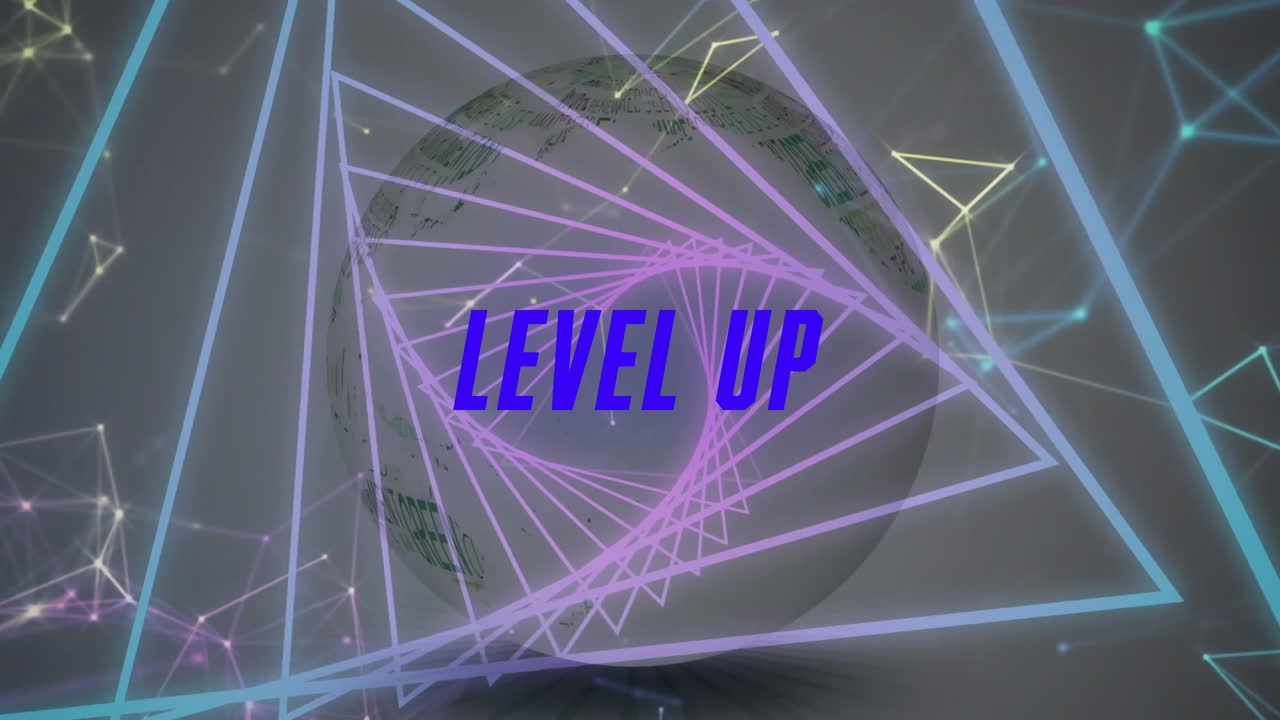 animación de texto de nivel con formas geométricas y globo en el fondo