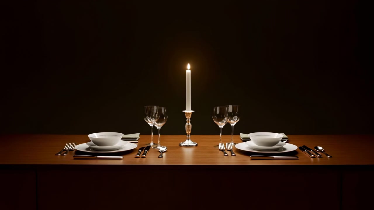 A centered candlelit dining table with wine glasses, plates, cutlery, and a dark moody background creates a warm elegant evening atmosphere