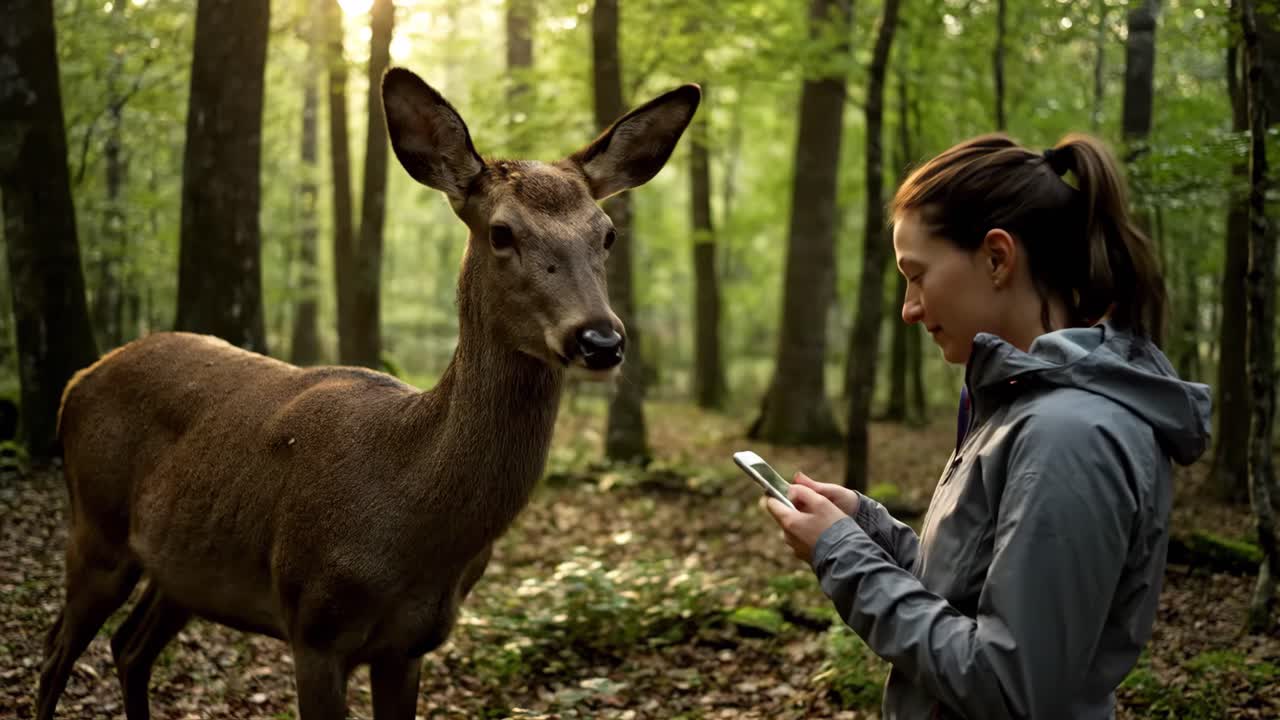 Deer and Woman in Forest