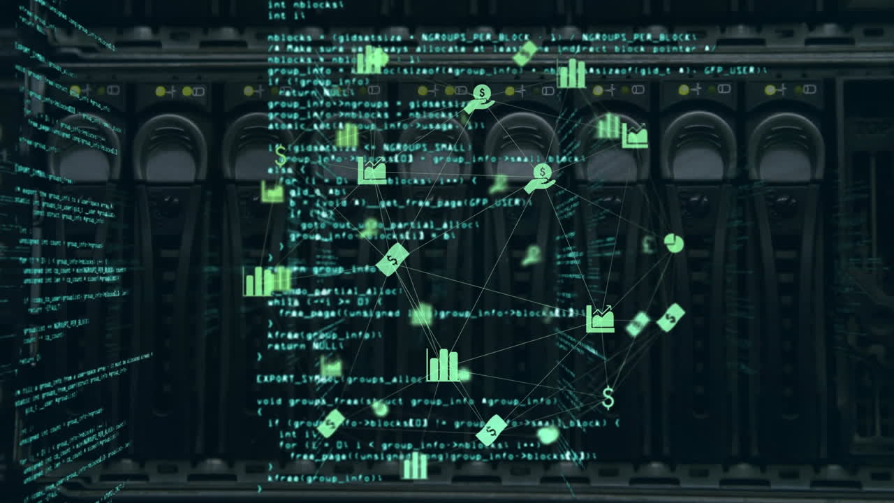 Animation of connected icons globe and computer language, back panel of data server