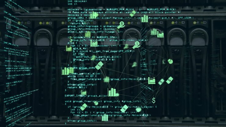 Animazione di icone connesse, globo e linguaggio informatico, pannello posteriore di un server di dati.
