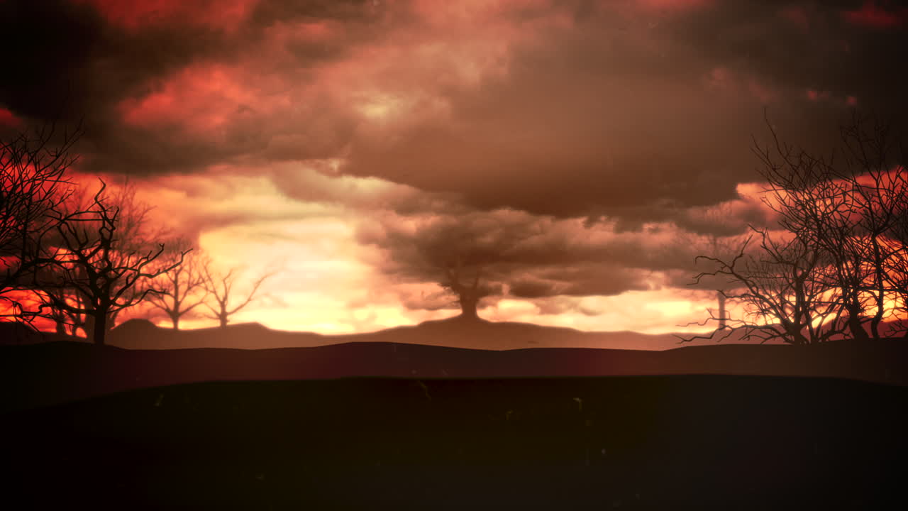 어두운 구름과 산이 있는 애니메이션 텍스트 할로윈과 신비로운 애니메이션 할로윈 배경