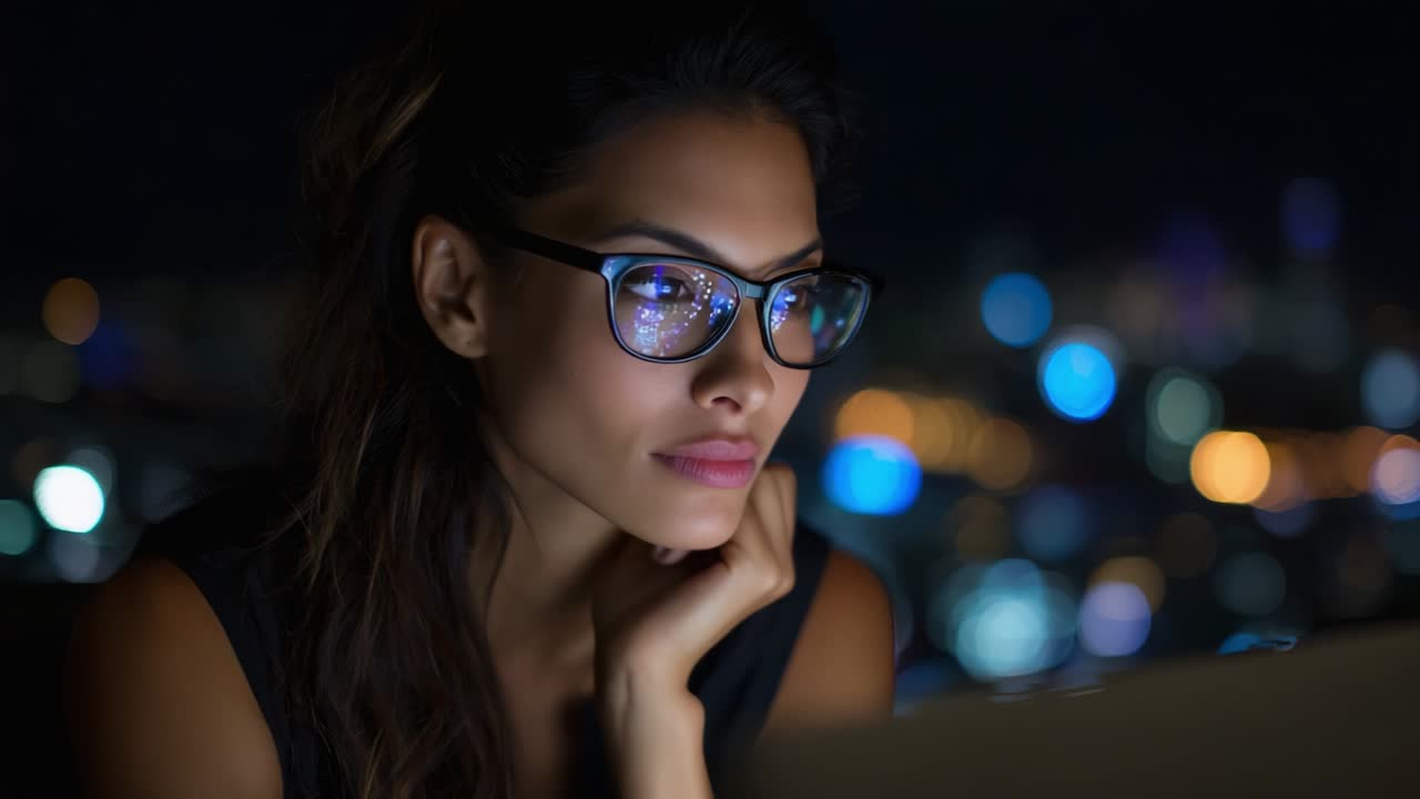 A focused young woman wearing glasses sits in front of a laptop at night, illuminated by subtle city lights in the background, reflecting deep concentration and engagement with her work