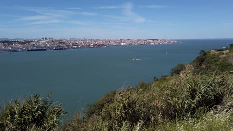 Looking-to-Lisbon-from-Almada-on-south-bank-of-Tagus-River-on-clear-day,-Portugal
