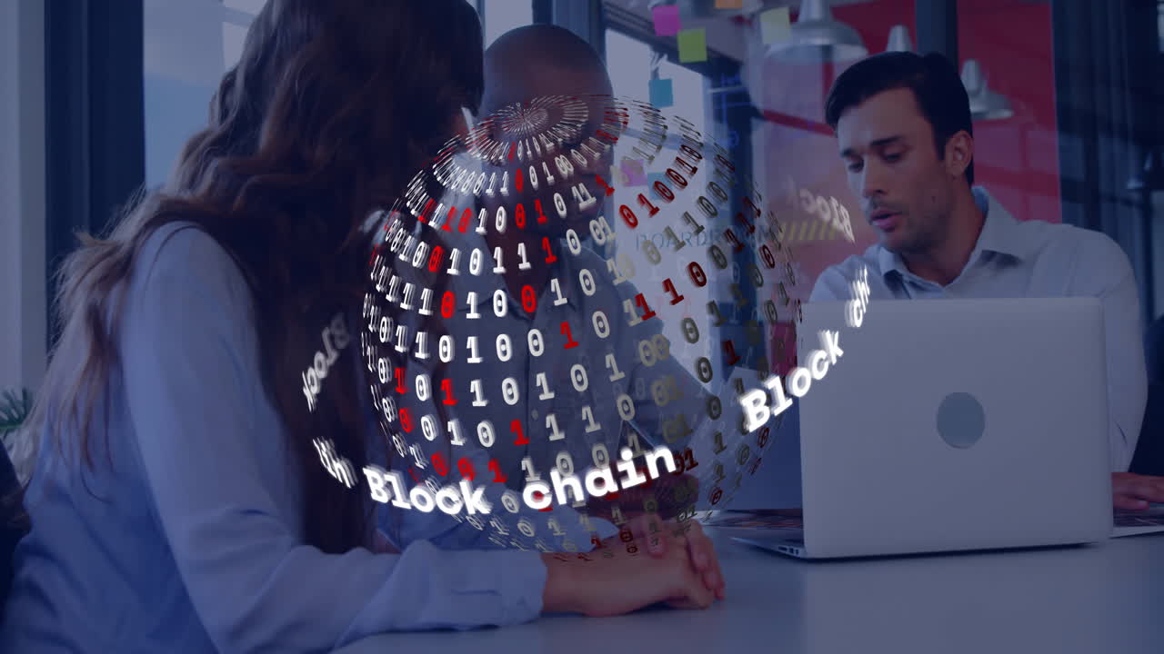 team members discussing blockchain in office meeting, showing holographic globe with binary code