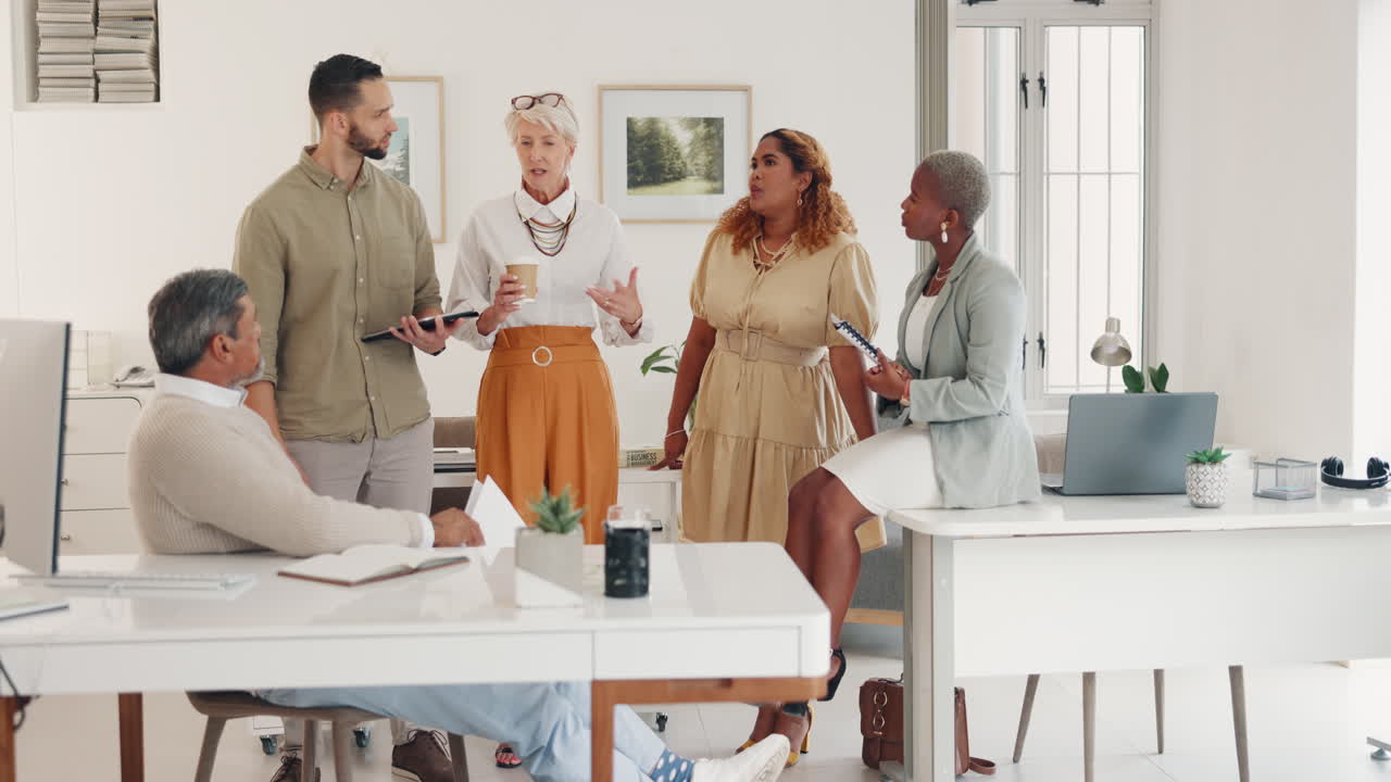 Discussion, teamwork and business people in office