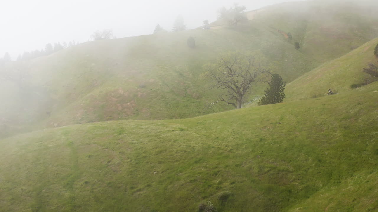 Aerial reverse shot over foggy hilltop in Big Sur, revealing mist, elevation, and natural terrain - usa