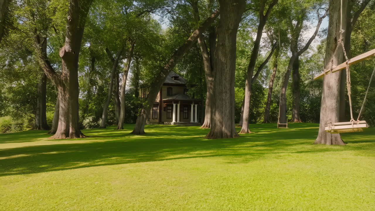 A secluded house surrounded by tall trees on a bright green lawn