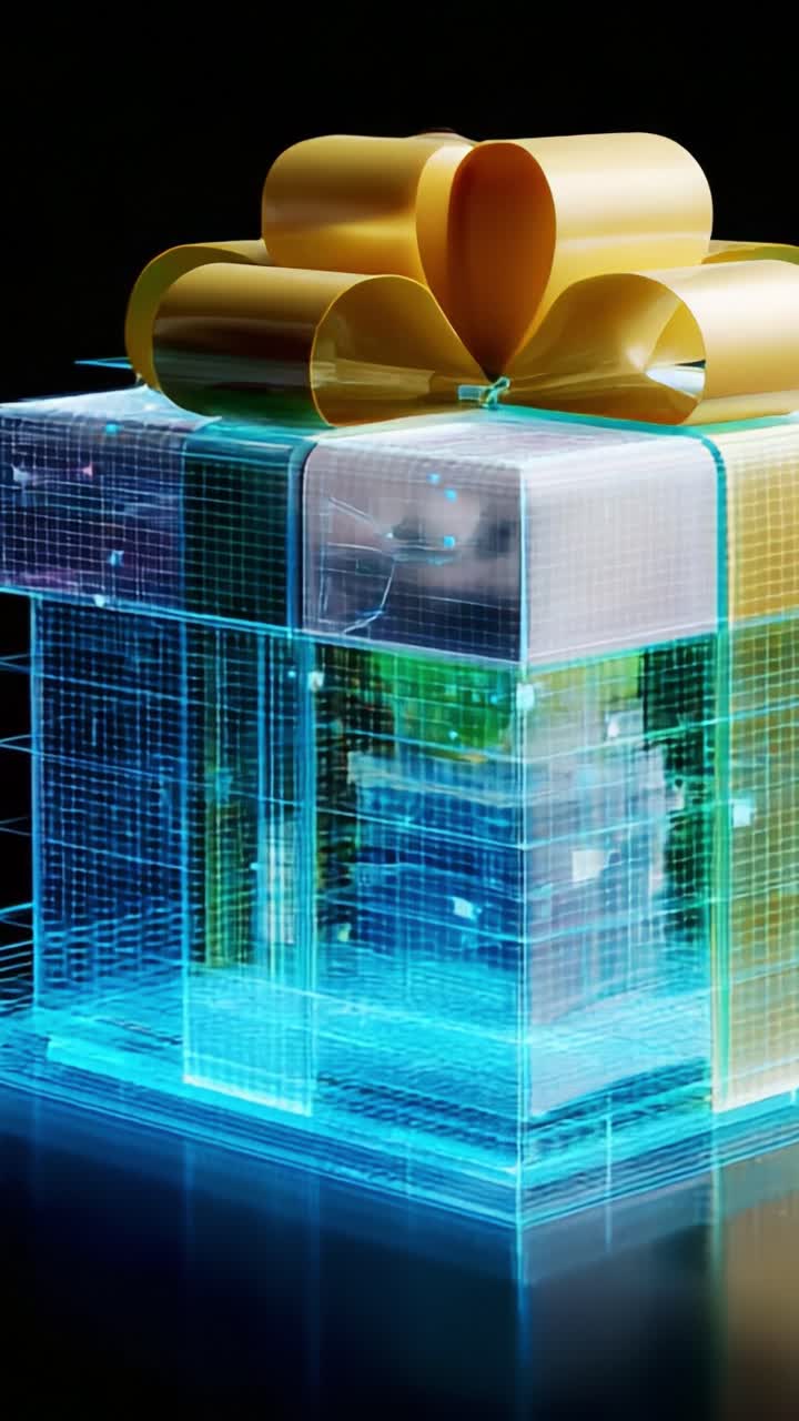 A Stunning Visual Transformation of a Gift Box, Featuring Intricate Digital Elements and Captivating Color Gradients from Blue to Purple with a Majestic Yellow Bow, Perfect for Celebrations