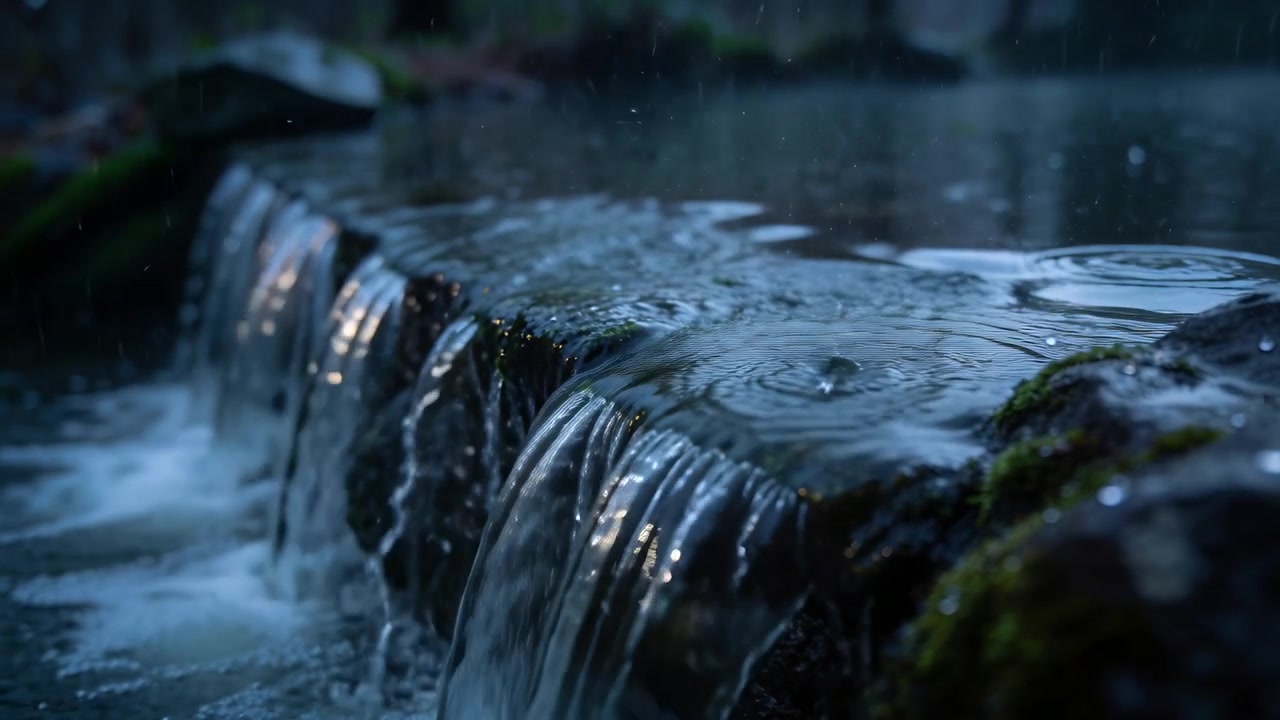 Falling raindrops hitting pool making ring ripples, mossy rock ledge pouring falls at creek