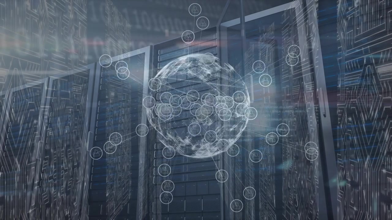 Animation of globe and data processing over server room
