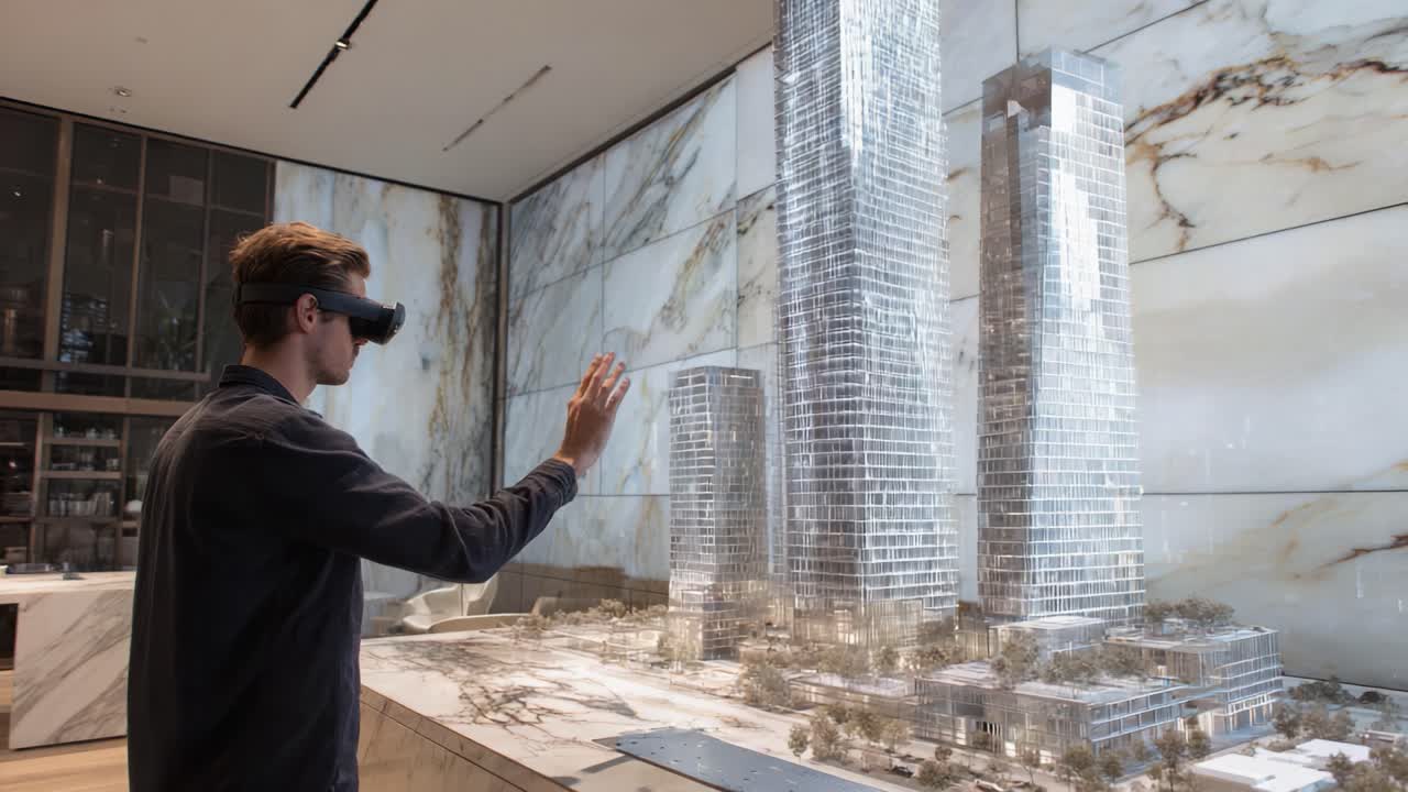 Exploring Architectural Innovations with Virtual Reality: A Professional Engaged with a 3D Model of Modern Skyscrapers, Showcasing a Blend of Technology and Design in an Elegantly Designed Space