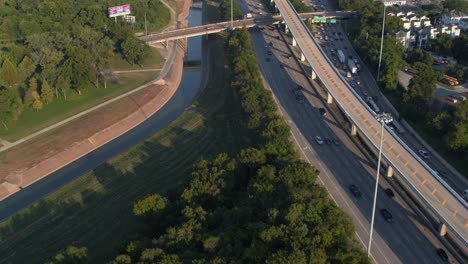 Birds-eye-view-of-I-45-North-freeway-and-the-Buffalo-Bayou-in-Houston