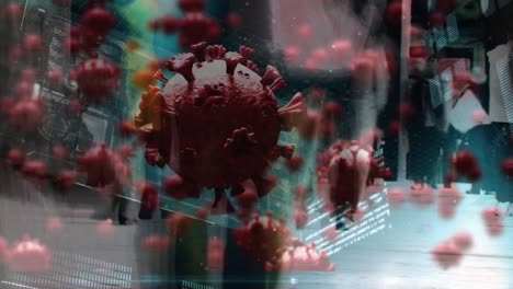 Animation-of-virus-cells-over-people-walking-on-street