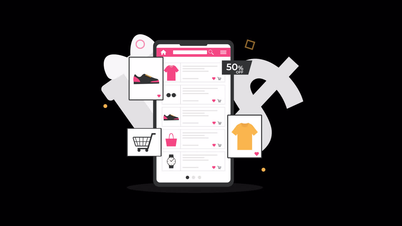 Smartphone animato che mostra l'app di shopping online con prodotti e sconti