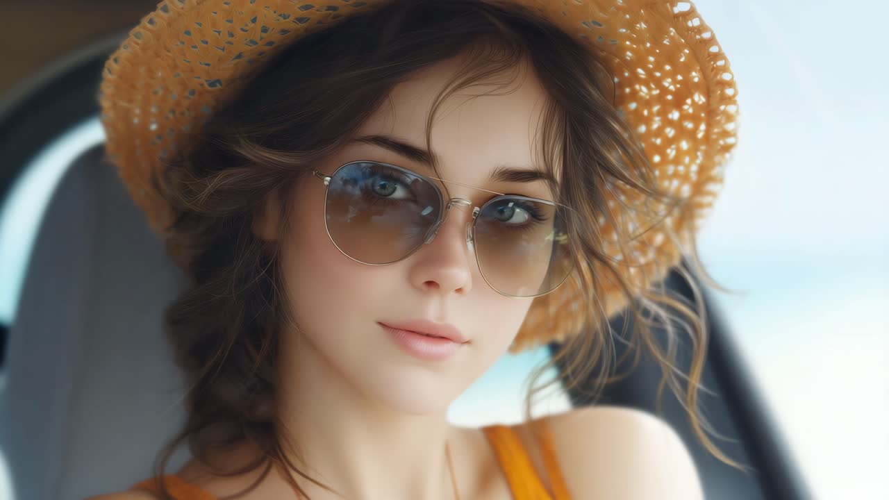 Portrait of a woman in sunglasses and hat on a sunny day