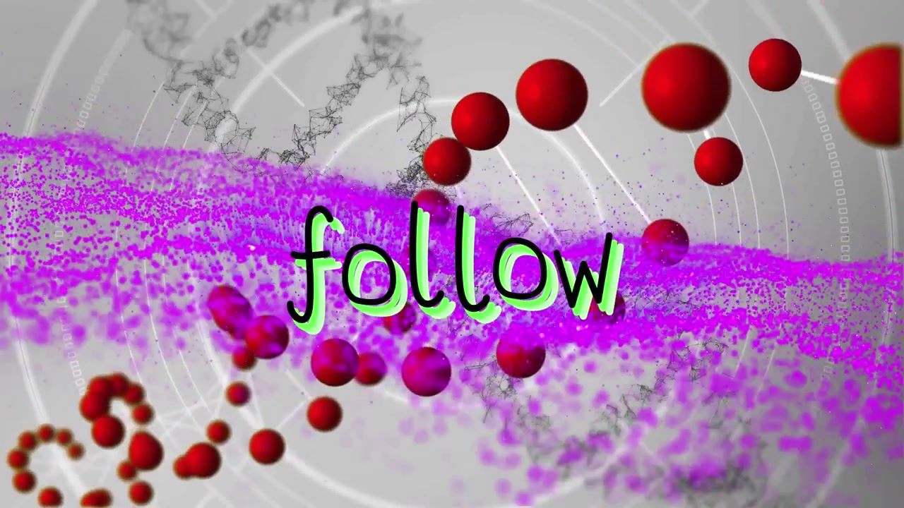 Animacja tekstu „follow” na abstrakcyjnym wzorze z kropkami i cząsteczkami tworzącymi helisy DNA.