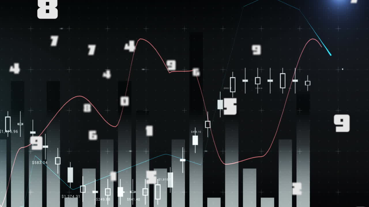 디지털 애니메이션은 검은 바탕에 금융 데이터와 세계 경제를 보여줍니다.